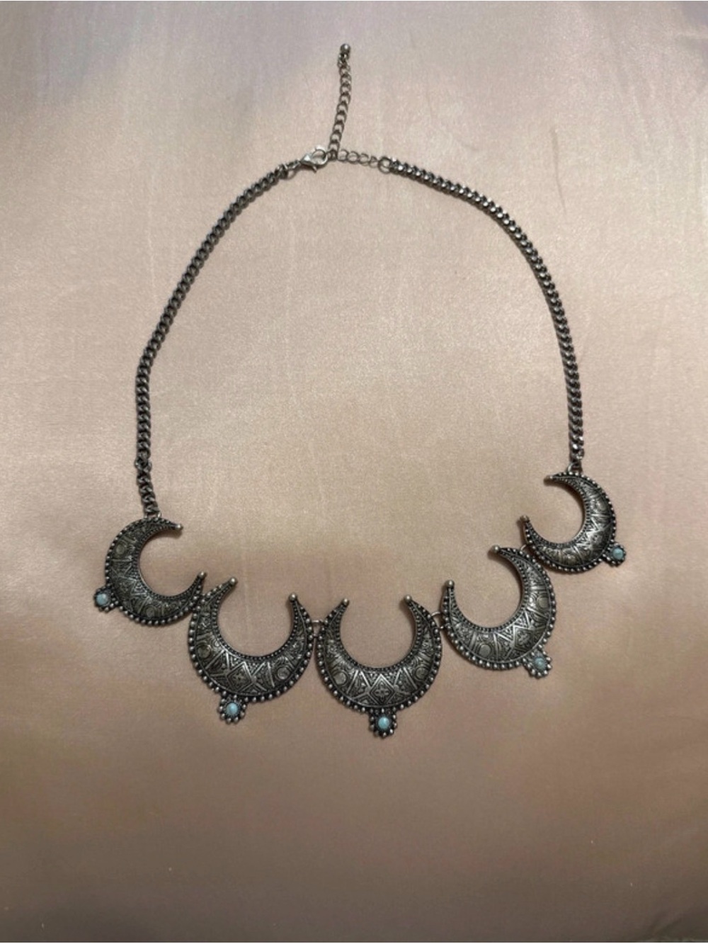 Bohemian Crescent Statement Necklace in Antiqued Silver with Turquoise Accents